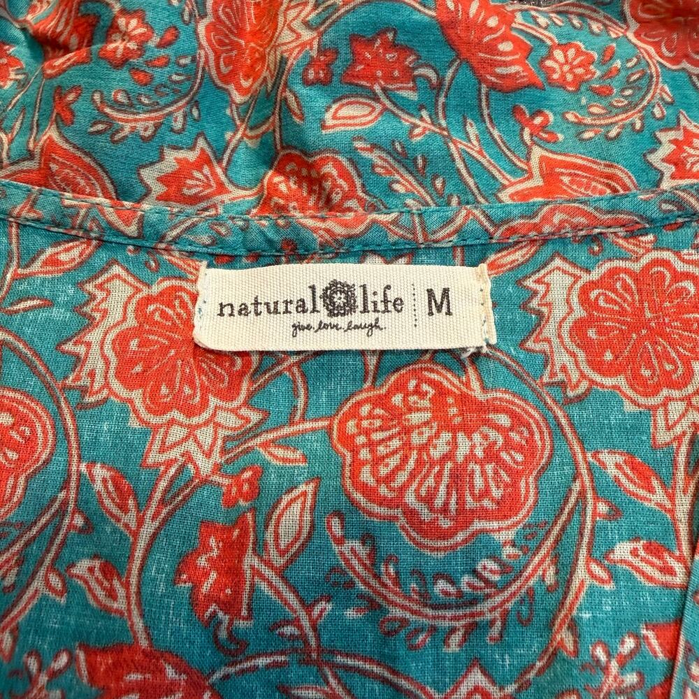 Natural Life Floral Cotton Maxi Dress Blue Orange Button Front Boho Tassel M - Picture 4 of 8